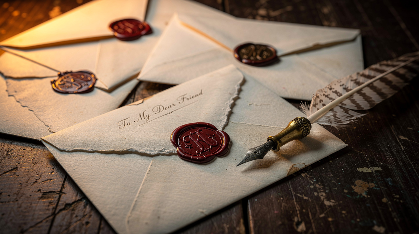 Old sealed letters and envelopes on a dark wooden table