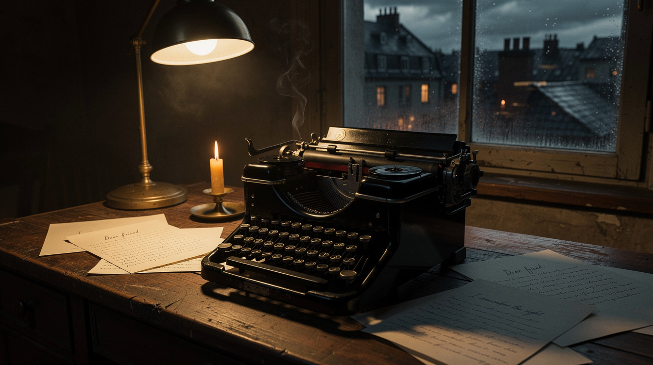 Moody writer's desk with typewriter, candle and fog outside the window