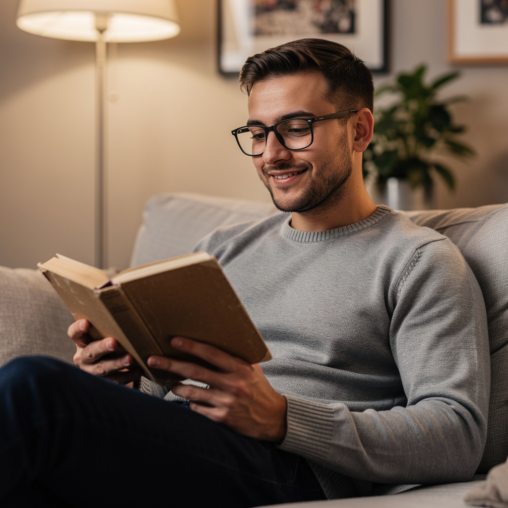 Young Croatian man reading a book on a sofa