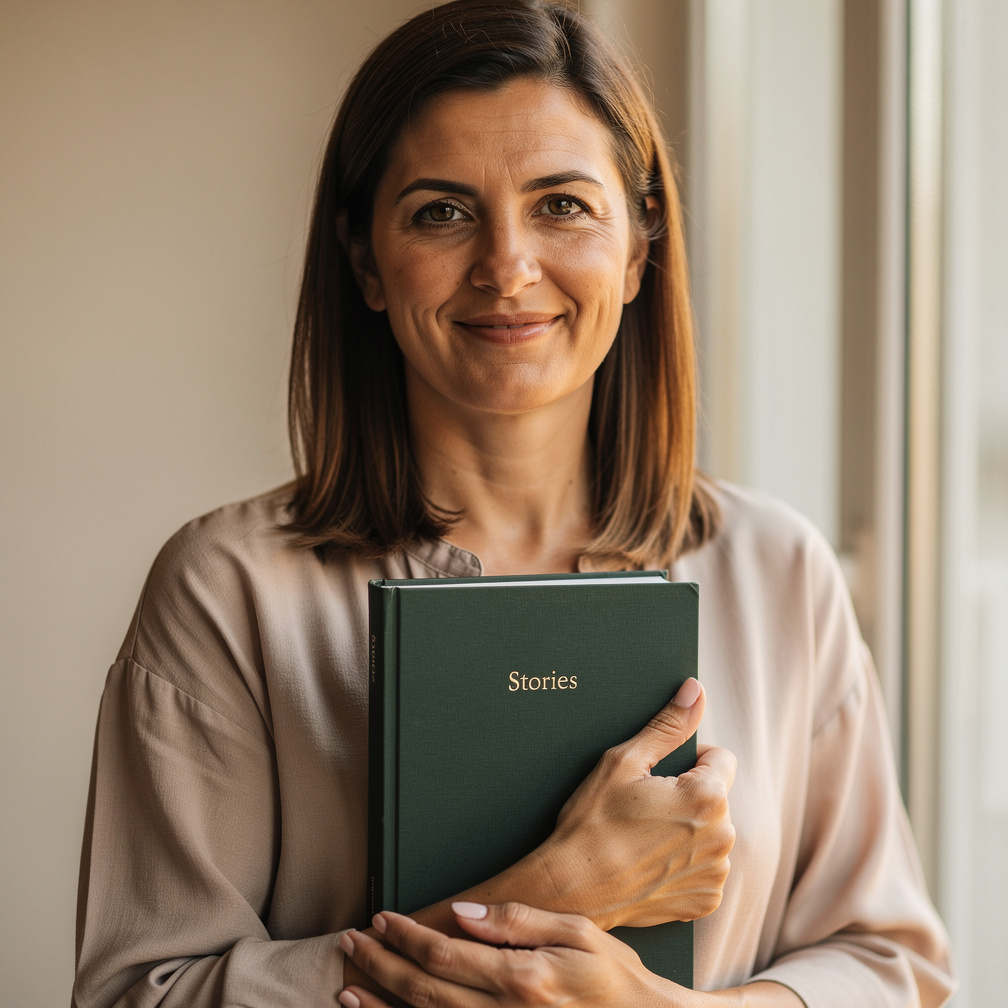 Middle-aged Croatian woman smiling while holding a book