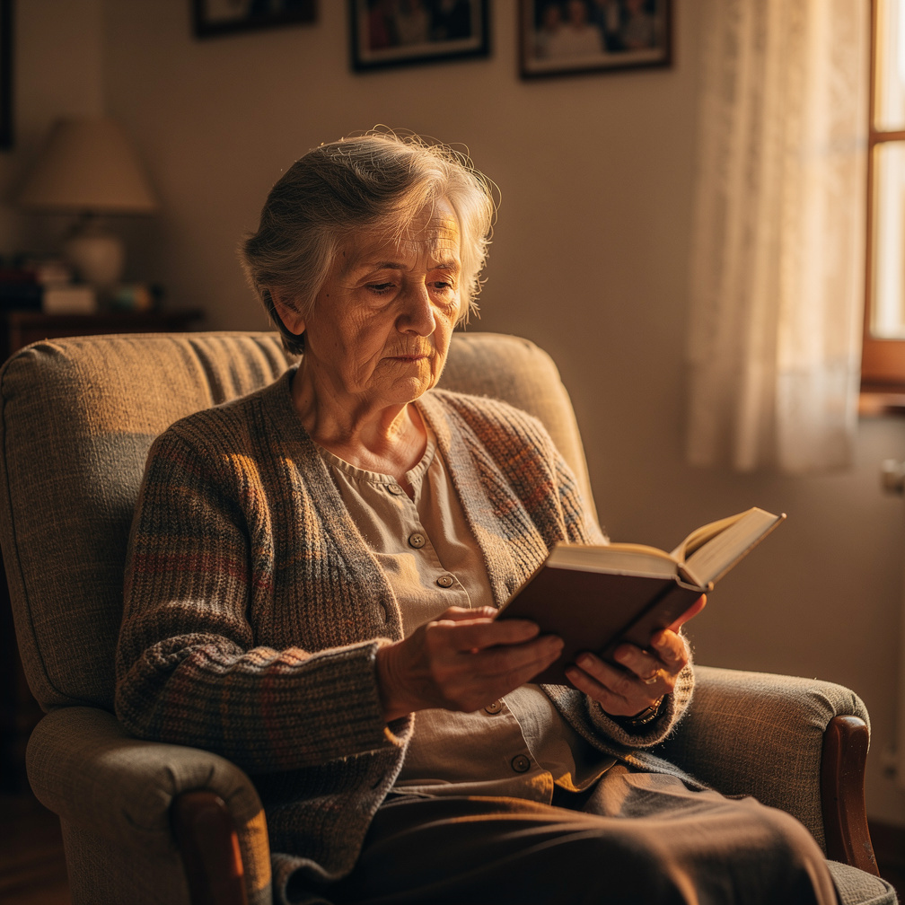 Elderly Croatian woman with grey hair reading in an armchair