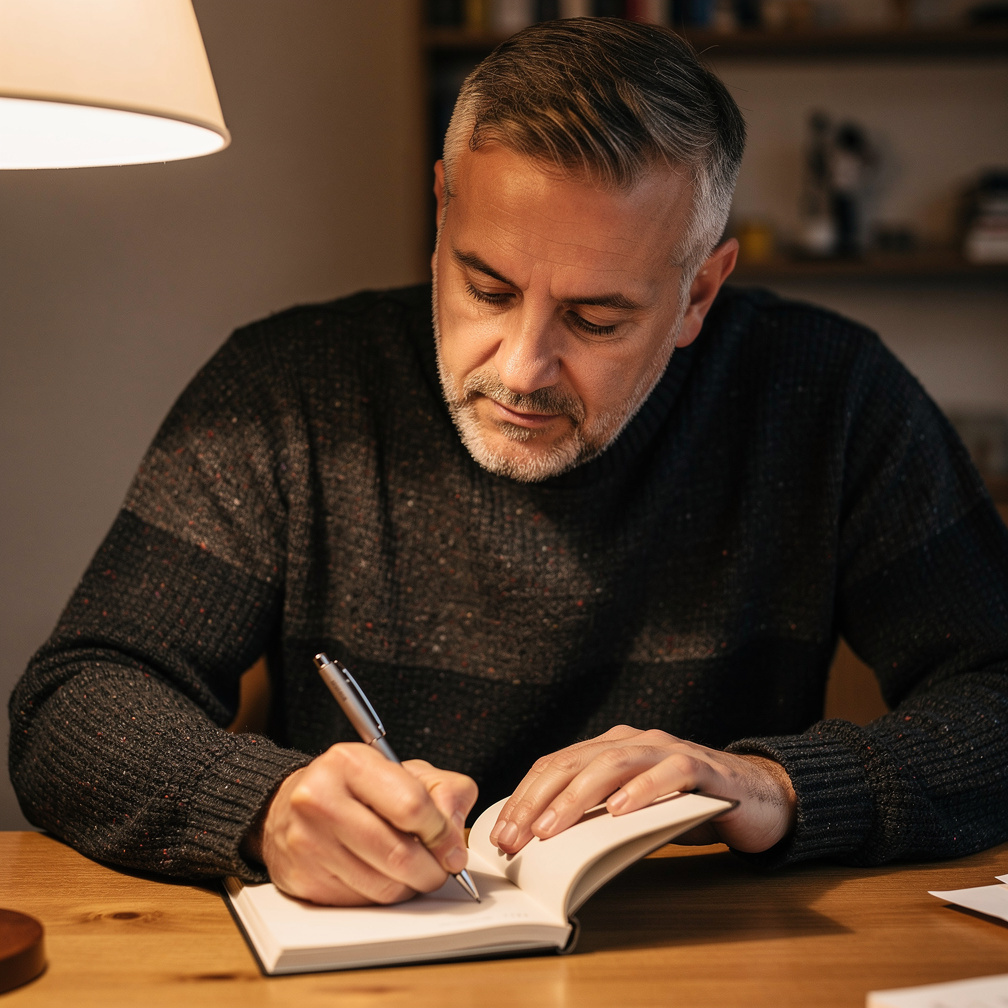 Croatian male author in his 50s writing at his desk