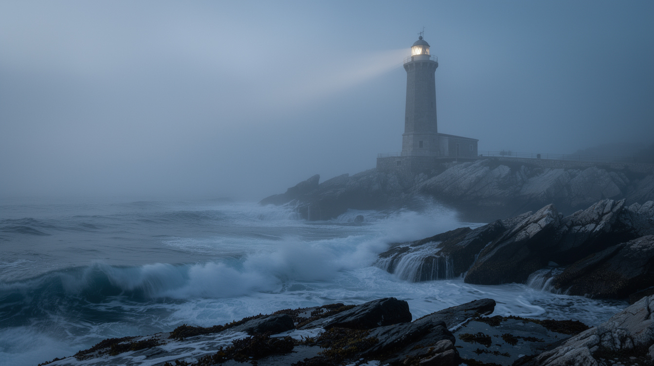 Lighthouse on a rocky Adriatic coast in thick fog